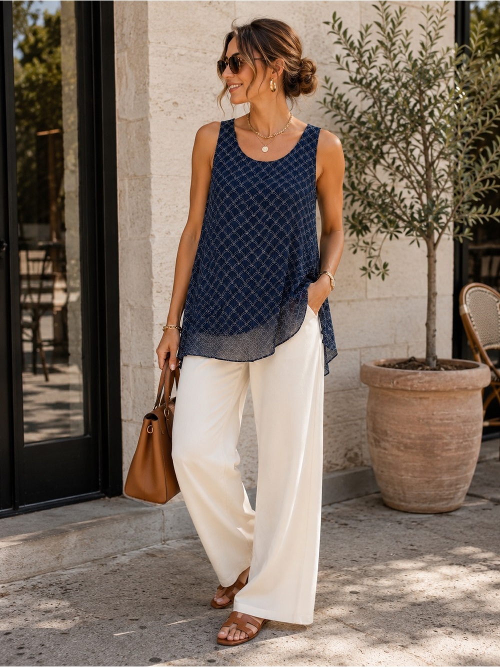 Cabi Layered Tank Top Medium Navy Geometric Print Sleeveless Flowy Blouse